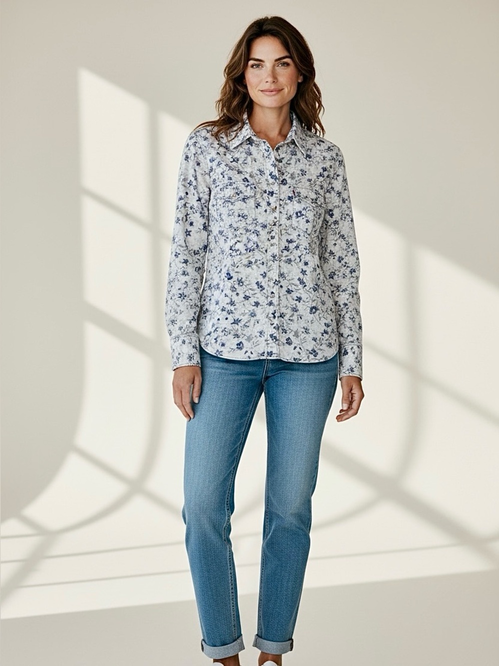 Levi's White & Blue Floral Pearl Snap Western Shirt | M